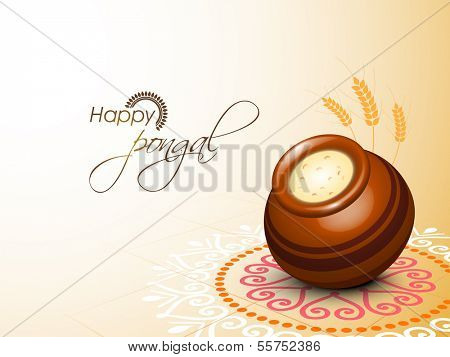 Happy Pongal, harvest festival celebration in South India with pongal rice in a traditional mud pot on beautiful floral design called rangoli.
