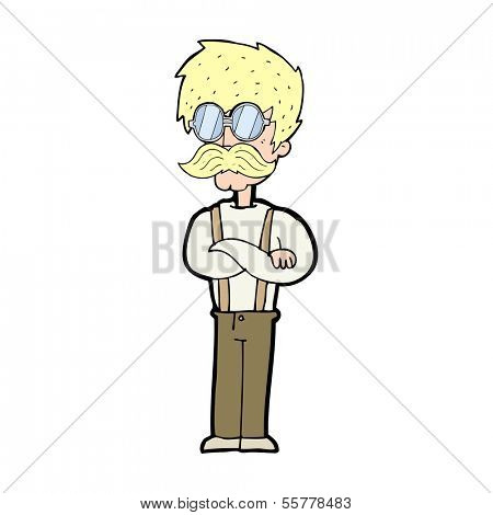 cartoon hipster man with mustache and spectacles