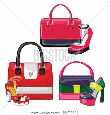 Three Fashionable Set.colored Handbag And Gorgeous Shoes