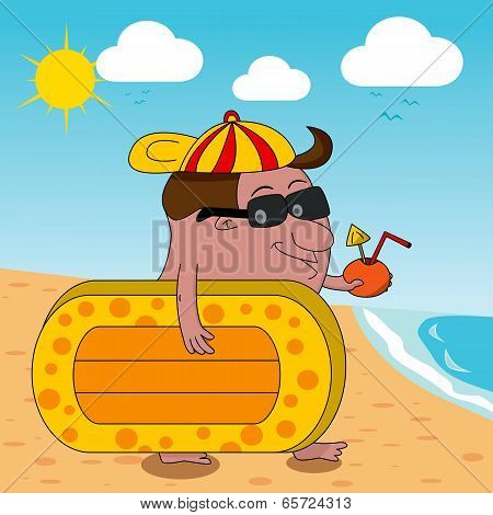 Cartoon Man Heading For Beach With Airbed And Drink