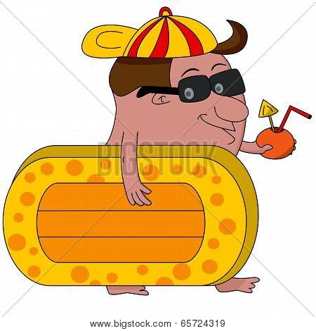 Cartoon Man Heading For Beach With Airbed And Drink