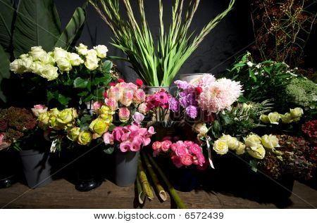 Interiören i en dramatiskt upplyst blomsteraffär