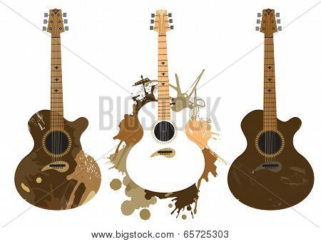 Three grunge stylized acoustic guitars