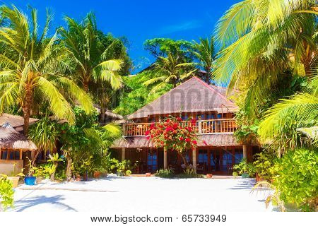 Beautiful House To A Reed Roof Standing On A White, Sandy Beach Amidst Palm Trees. Summer Vacation.