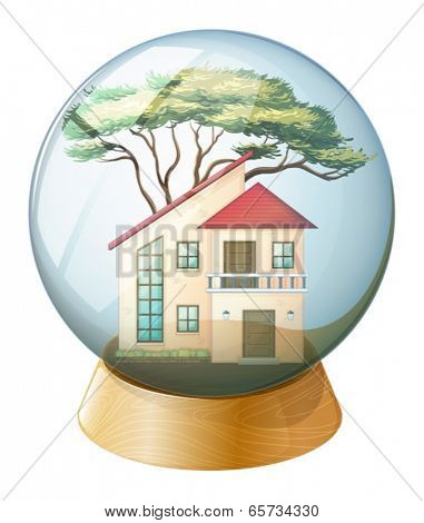 Illustration of a cute crystal ball with a big house inside on a white background