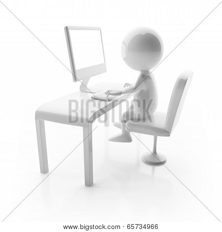 3D Glossy Character Working On Computer