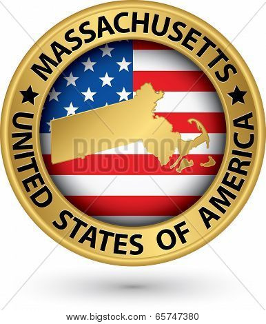 Massachusets State Gold Label With State Map, Vector Illustration