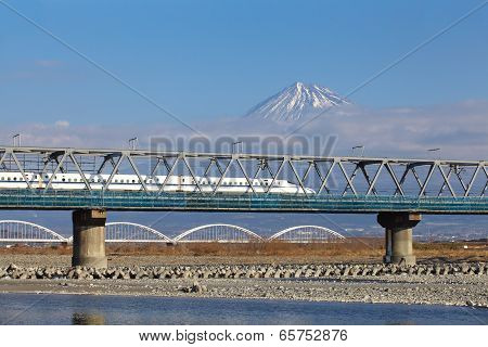 View of Mt Fuji and Tokaido Shinkansen, Shizuoka, Japan