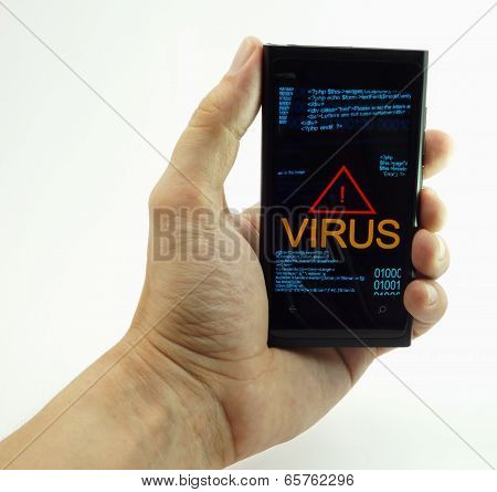 man's hand touching smart phone with virus