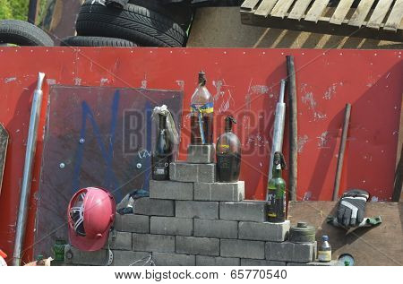 KIEV, UKRAINE - APR 24, 2014: Downtown of Kiev.Camp decoration with military items.Rioters camp.Putsch of Junta.April 24, 2014 Kiev, Ukraine 