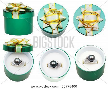 Little Round Green Box With Black Pearl Ring