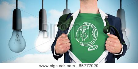 Businessman opening shirt in superhero style against five light bulbs in row