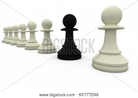 Black chess pawn standing with white pieces on white background