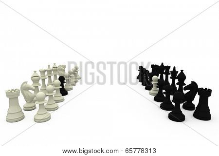 Chess pawns on rival teams on white background