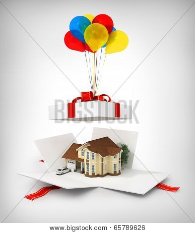 Opened Gift With House On The White Background.