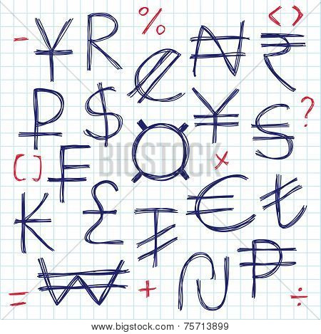 Set of simple hand drawn currency signs or symbols. Financial and Accounting