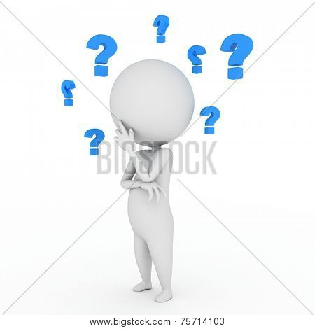 3d rendered illustration of a little guy and a lot of question marks