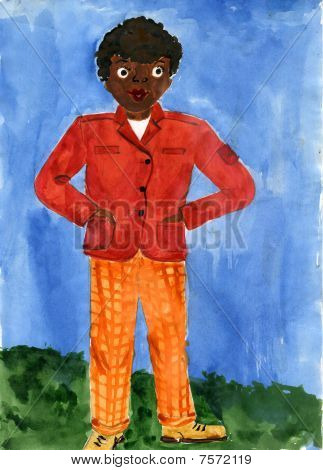 Enfant dessin noir garçon dans une veste rouge et pantalon Orange.