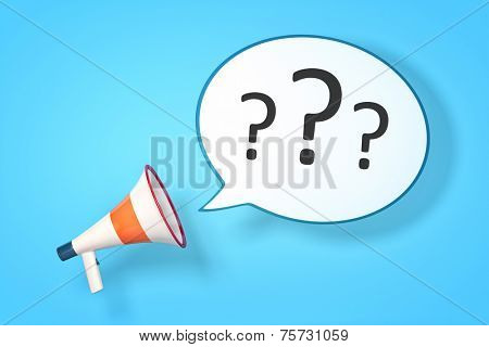 A megaphone with a speech bubble and three questionmarks