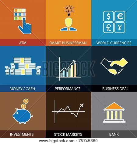 Flat Line Icons On Finance, Money, Currencies - Concept Vector.