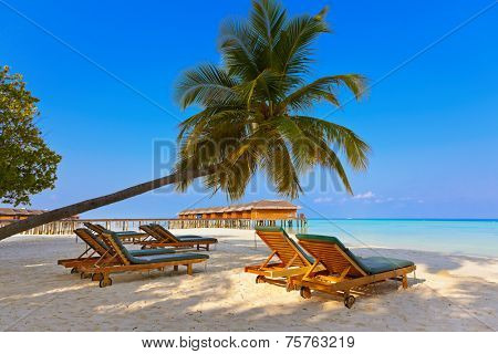 Loungers on Maldives beach - nature vacation background