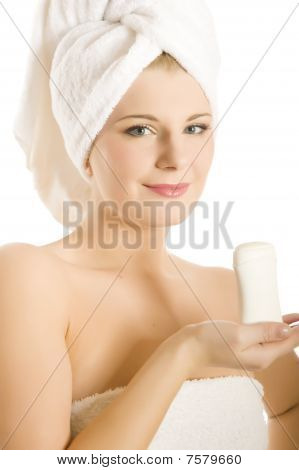 beautiful woman in bath with anti persperant stick