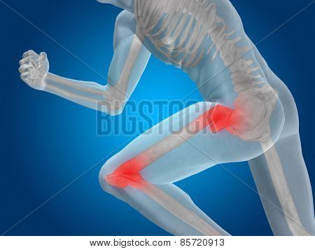Conceptual 3D human man anatomy or health design, joint or articular pain, ache or injury on blue background