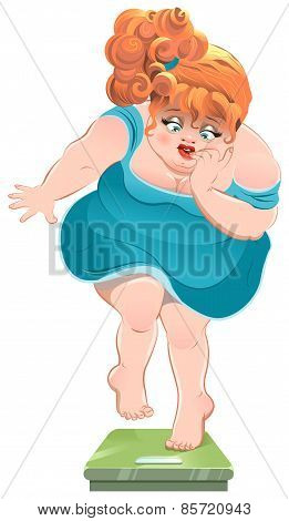 Fat woman stares at the scales