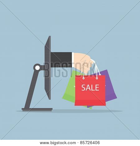 Hand With Shopping Bag Sticking Out From Monitor, E-commerce, Online Shopping Concept