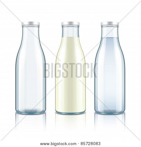 Glass Bottle With Milk, Water And Empty