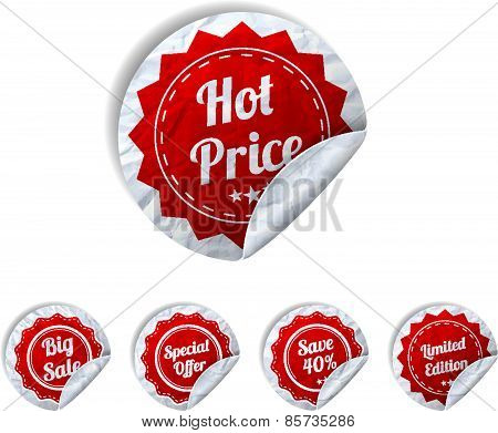 Set Of Red Round Crumpled Paper Sale Stickers On White Background