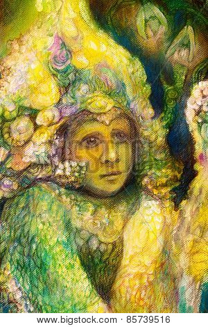 Beautiful Fantasy Closeup Portrait Of A Fairy Elven Child, Detailed Intricate Colorful Painting