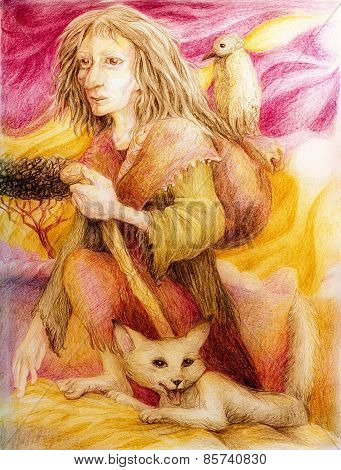 Ancient Pilgrim Woman With White Fox And A Bird, Detailed Colorful Artwork