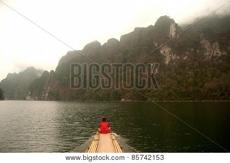 Bamboo Raft On The Cheow Larn Lake In Ratchaprapa Dam,Thailand.