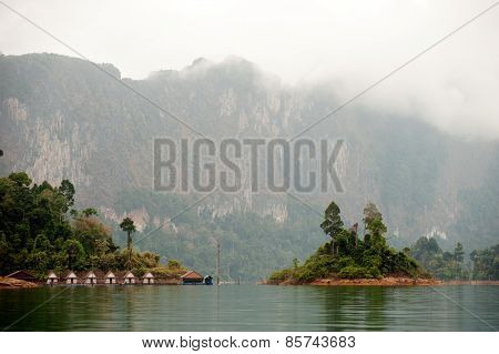 Morning At Floating House In Cheow Larn Lake (ratchaprapa Dam),Thailand.