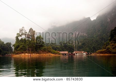 Morning At Floating House In Cheow Larn Lake (ratchaprapa Dam),Thailand.