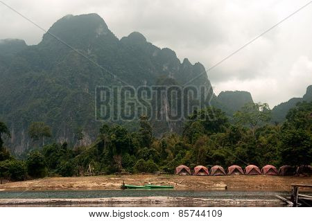 Row Of Tent In Cheow Larn Lake (ratchaprapa Dam),Thailand.