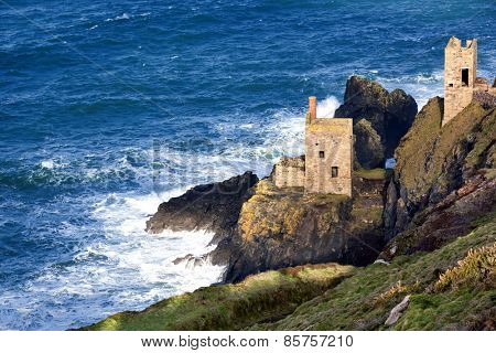Historic cliff mine engine houses at Bottallack, Cornwall, England.  World Heritage mining area.