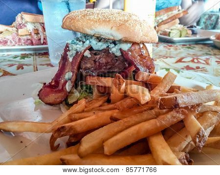 French Fries And Bacon Blue Cheese Burger