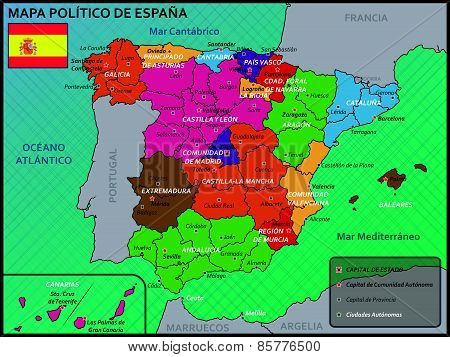 Political Map of Spain with Flag and Badge