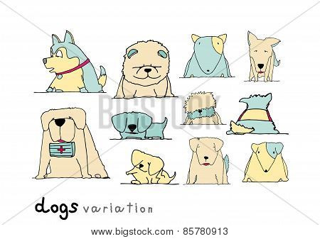 Dogs Variation Doodle Pastel Color On White Background