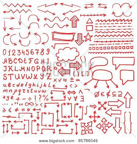 Huge set of red hand drawn elements.