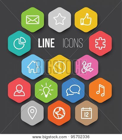 Set of black vector minimalistic thin line icon in color hexagons - white version