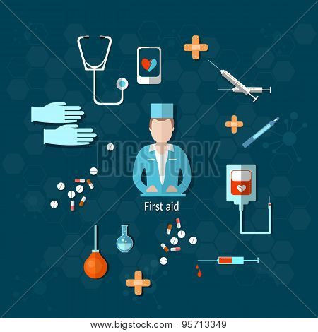 Doctor, Medicine, First Aid, Hospital, Stethoscope, Medical Instruments, Syringes, Pills, Vector