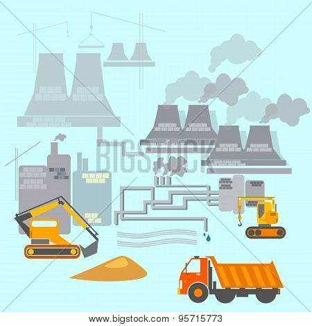 Construction, Construction Site, Creation Of Buildings, Factories, Excavator, Vector Illustration