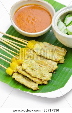 Grilled Pork Satay With Peanut Sauce And Vinegar, Thai Food.