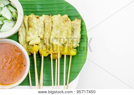 Grilled Pork Satay With Peanut Sauce And Vinegar, Thai Food.
