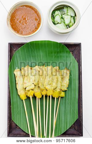Grilled Pork Satay With Peanut Sauce And Vinegar, Thai Food.
