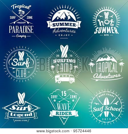 Summer Holidays Design Elements. Set Of Hipster Vintage Logotypes And Badges On Colorful Background