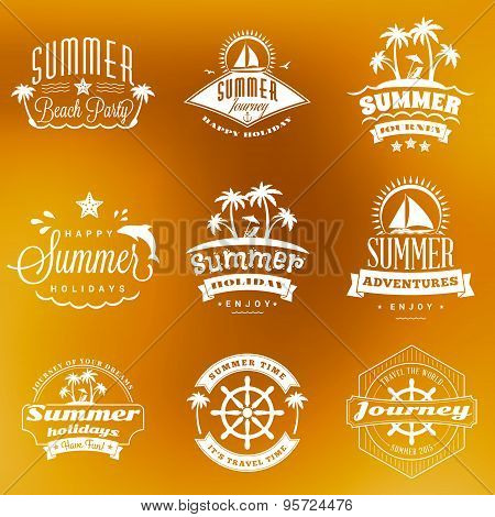 Summer Holidays Design Elements. Set Of Hipster Vintage Logotypes And Badges On Colorful Background